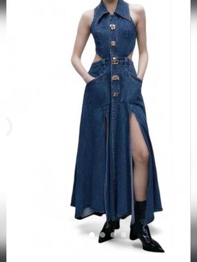 Denim Maxi Skirt-Style Jeans with High Slits - Blue